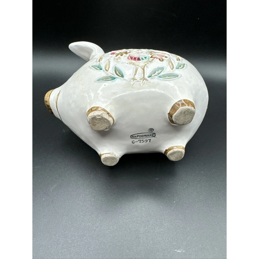 Vintage Napcoware Happy Piggy Planter with Rooster Design Succulent Kitsch White